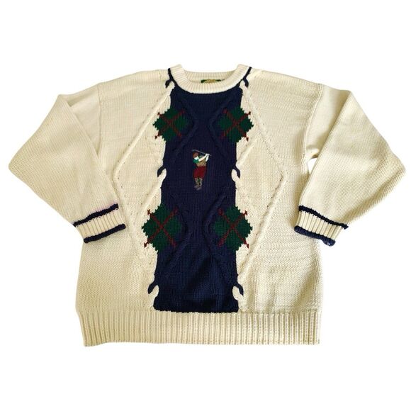 VTG Fairway Sport Golf Sweater XL Chunky Knit 3D Argyle Cream Navy Golfer Preppy
